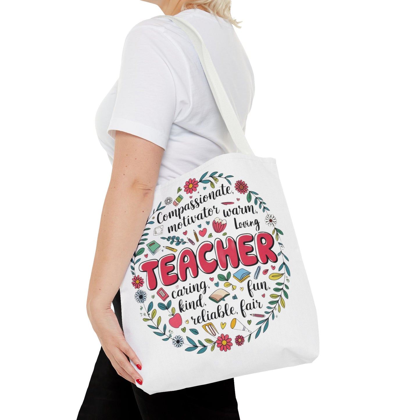 "Teacher Appreciation Tote Bag, Floral Design, Gift for Educators, AOP Tote, Motivational Teacher Gift, Back to School Bag"