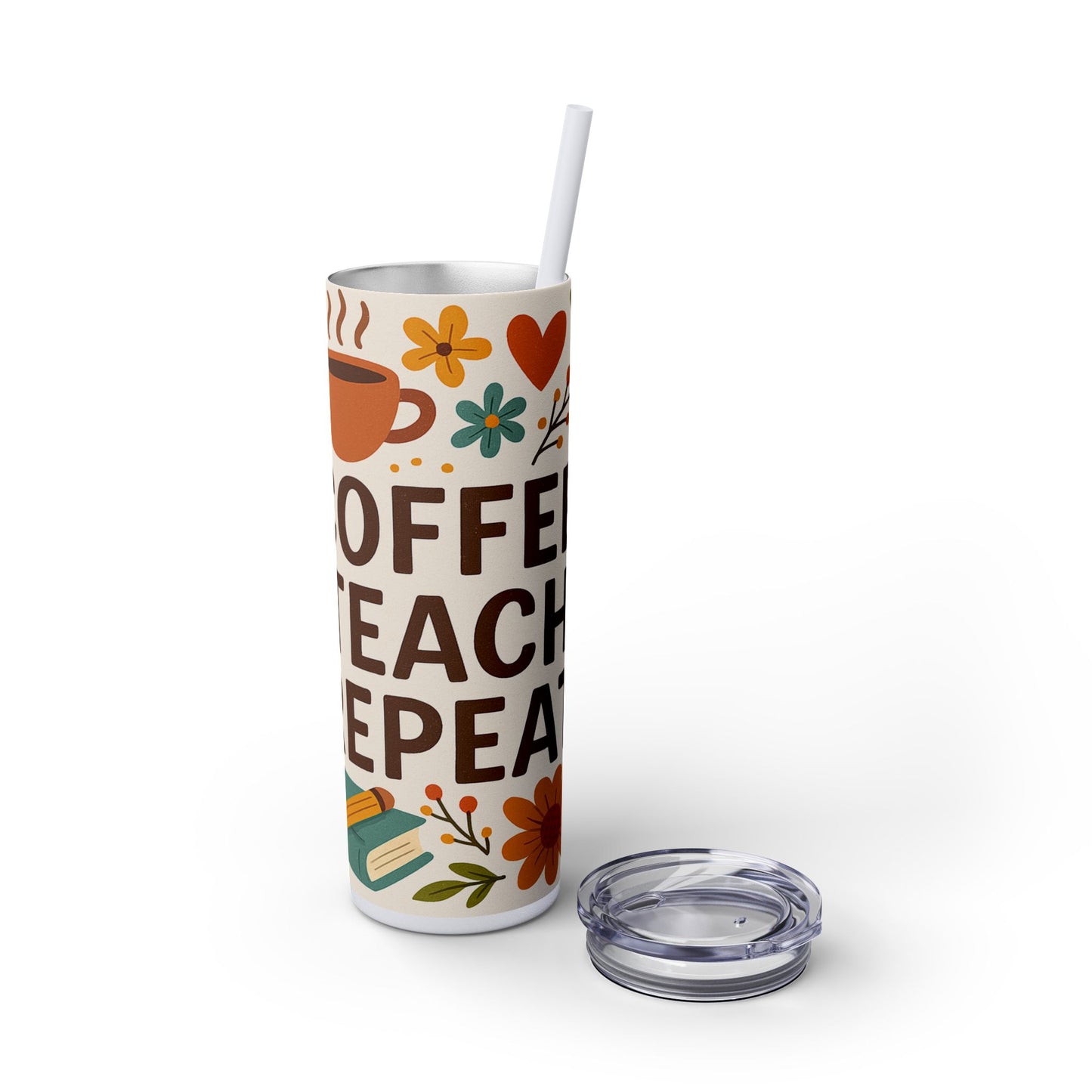 Coffee Teacher Repeat Tumbler, 20oz Skinny Travel Cup, Inspirational Gifts for Teachers, Back to School, Teacher Appreciation, Teachers Day Gift Tumbler