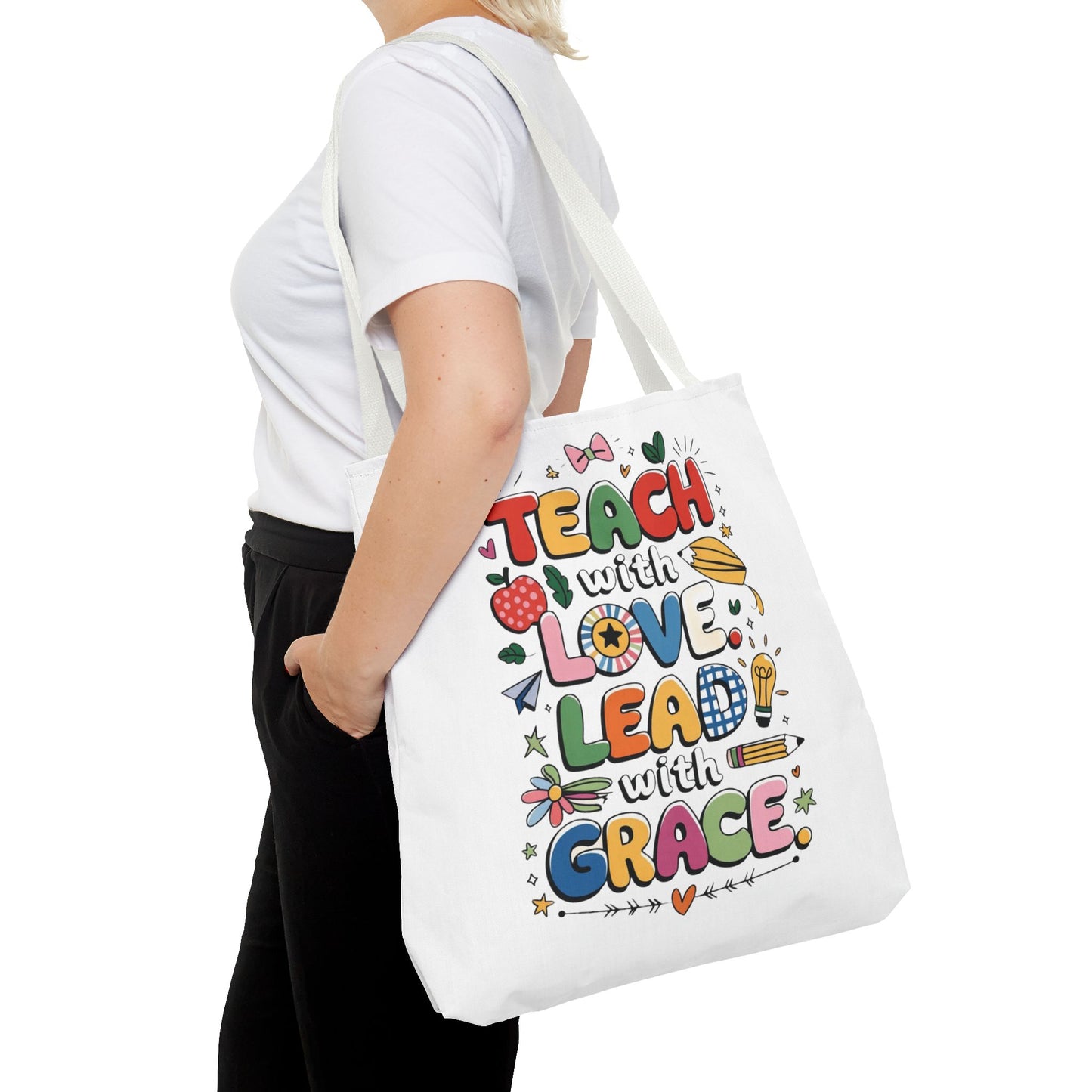 Teach with Love Tote Bag - Inspirational Teacher Gift, Classroom Essentials, Motivational Bag, Teacher Appreciation, AOP Tote Bag, Inspirational Teacher Tote Bag
