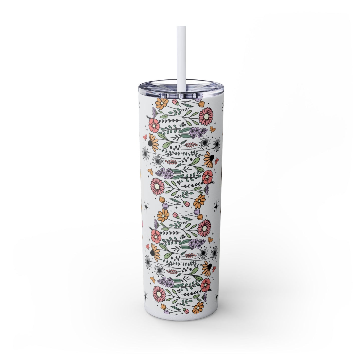 Cute Coffee Teacher Skinny Tumbler | 20oz Drinkware, Gift for Teachers, Reusable Water Bottle, Motivational Travel Mug, Flower Power