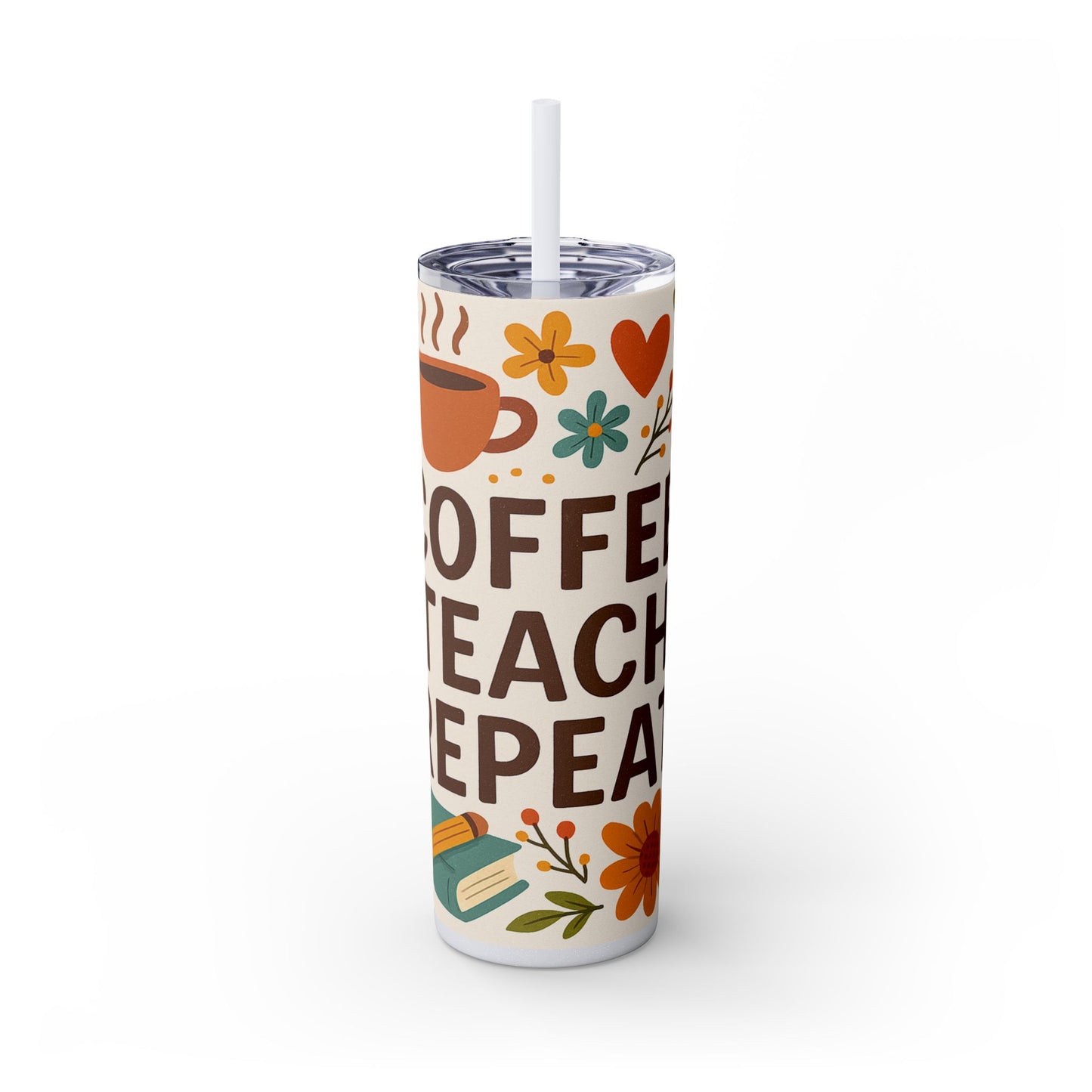 Coffee Teacher Repeat Tumbler, 20oz Skinny Travel Cup, Inspirational Gifts for Teachers, Back to School, Teacher Appreciation, Teachers Day Gift Tumbler