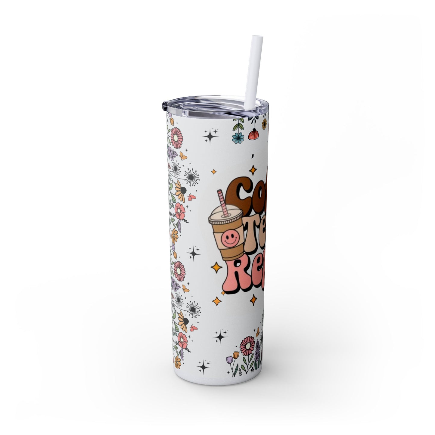 Cute Coffee Teacher Skinny Tumbler | 20oz Drinkware, Gift for Teachers, Reusable Water Bottle, Motivational Travel Mug, Flower Power