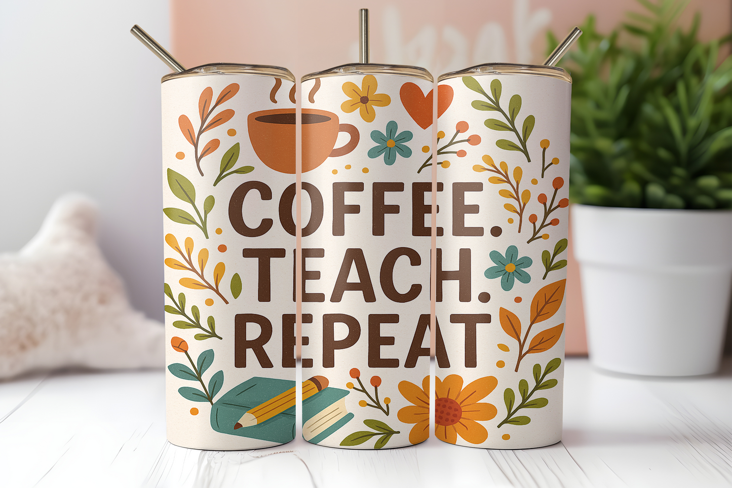 Coffee Teacher Repeat Tumbler, 20oz Skinny Travel Cup, Inspirational Gifts for Teachers, Back to School, Teacher Appreciation, Teachers Day Gift Tumbler
