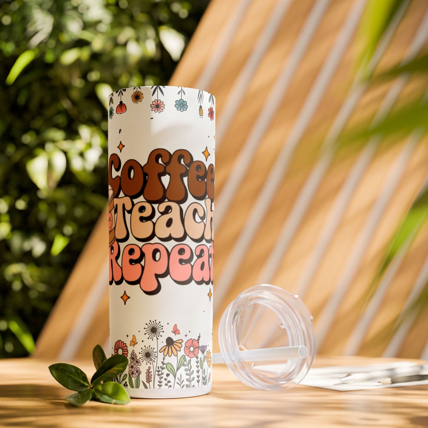Cute Coffee Teacher Skinny Tumbler | 20oz Drinkware, Gift for Teachers, Reusable Water Bottle, Motivational Travel Mug, Flower Power