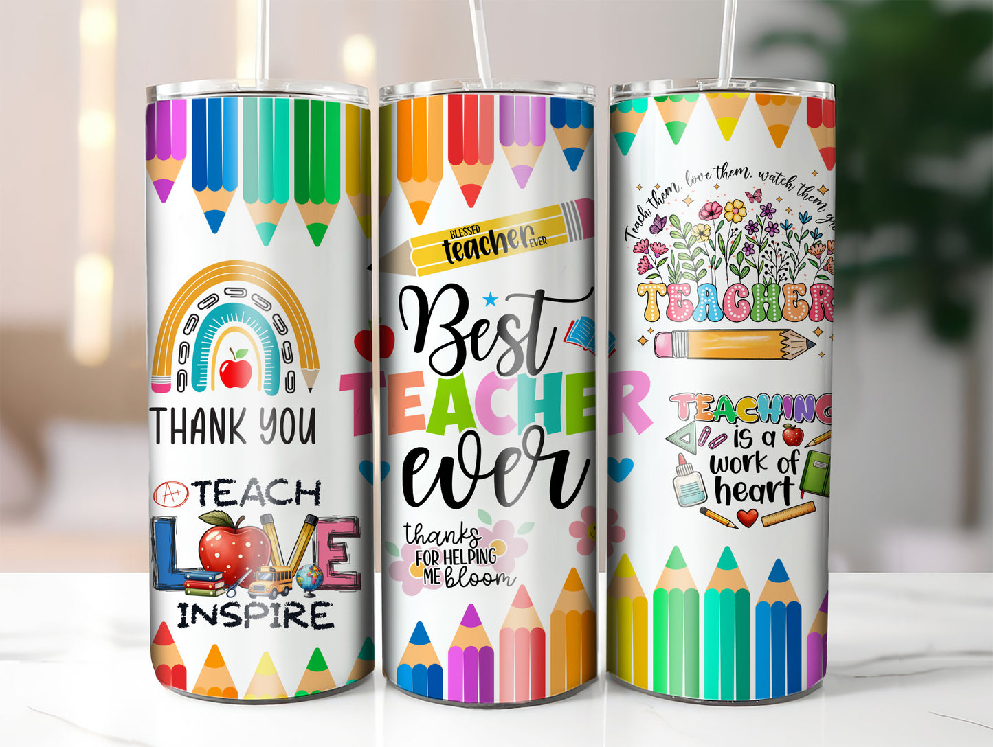 Best Teacher Ever Skinny Tumbler, 20oz, Colorful Teacher Gift, Back to School, Graduation, Appreciation Day, Cute Water Bottle