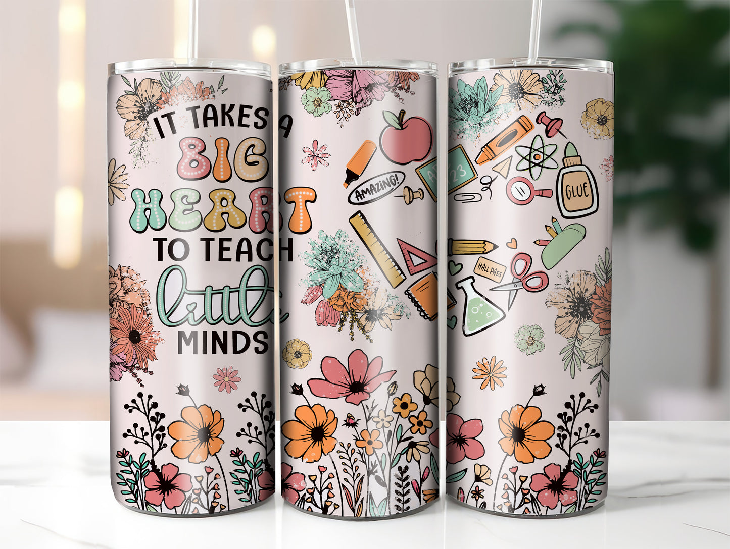 Heartfelt Teacher Tumbler, 20oz Skinny Drinkware, Floral Design, Gift for Educators, Inspirational Drinkware