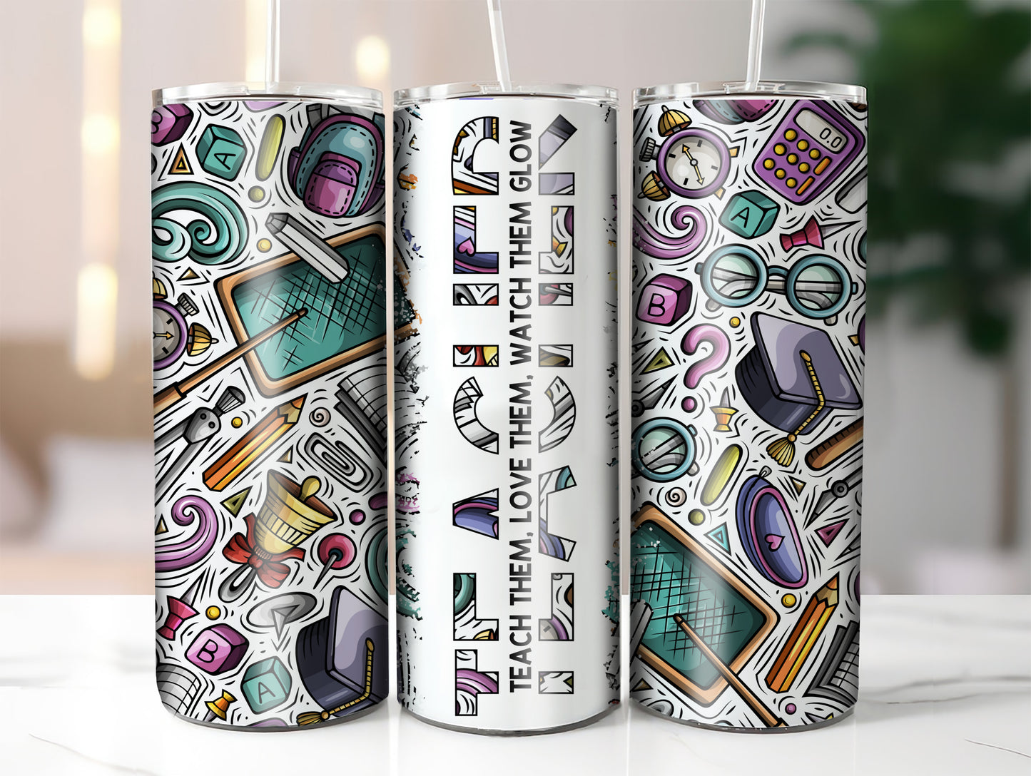 Colorful Teacher Skinny Tumbler with Straw | Motivational Drinkware, Teacher Gift Idea, Eco-Friendly Gift, Office Mug, Inspirational Tumbler