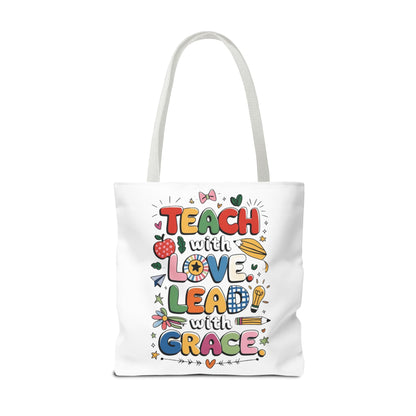 Teach with Love Tote Bag - Inspirational Teacher Gift, Classroom Essentials, Motivational Bag, Teacher Appreciation, AOP Tote Bag, Inspirational Teacher Tote Bag
