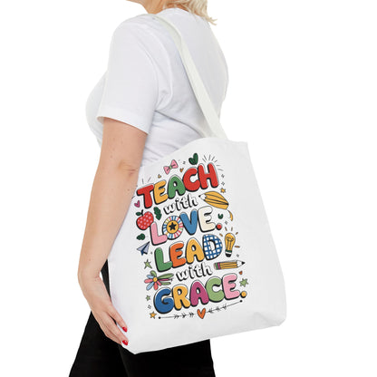 Teach with Love Tote Bag - Inspirational Teacher Gift, Classroom Essentials, Motivational Bag, Teacher Appreciation, AOP Tote Bag, Inspirational Teacher Tote Bag