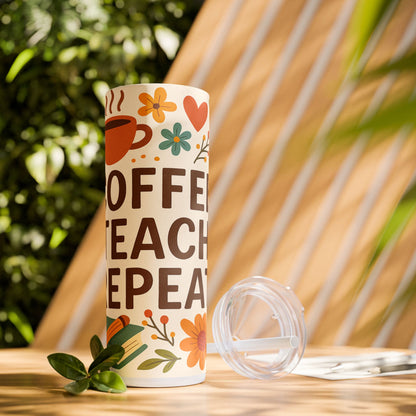 Coffee Teacher Repeat Tumbler, 20oz Skinny Travel Cup, Inspirational Gifts for Teachers, Back to School, Teacher Appreciation, Teachers Day Gift Tumbler