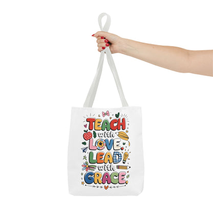 Teach with Love Tote Bag - Inspirational Teacher Gift, Classroom Essentials, Motivational Bag, Teacher Appreciation, AOP Tote Bag, Inspirational Teacher Tote Bag