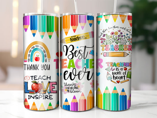 Best Teacher Ever Skinny Tumbler, 20oz, Colorful Teacher Gift, Back to School, Graduation, Appreciation Day, Cute Water Bottle