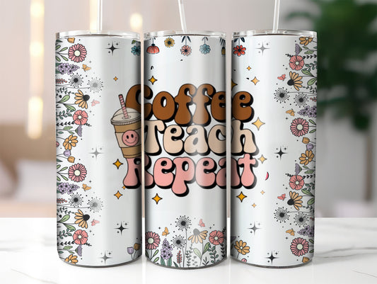 Cute Coffee Teacher Skinny Tumbler | 20oz Drinkware, Gift for Teachers, Reusable Water Bottle, Motivational Travel Mug, Flower Power
