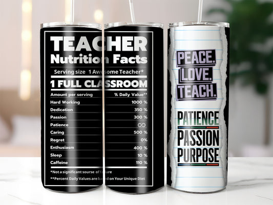 Teacher's Skinny Graphic Tumbler, Peace Love Teach 20oz -  Perfect Gifts For Teachers, Back to School, Teacher Appreciation, Motivational Drinkware